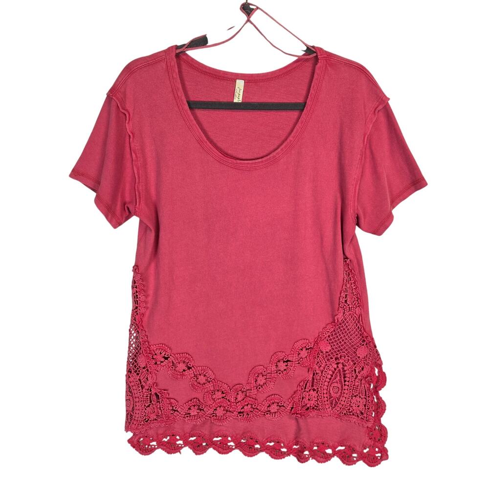 Free People Carnation Red Rosey Tunic Top S Crochet Lace Side Slit Boho Casual